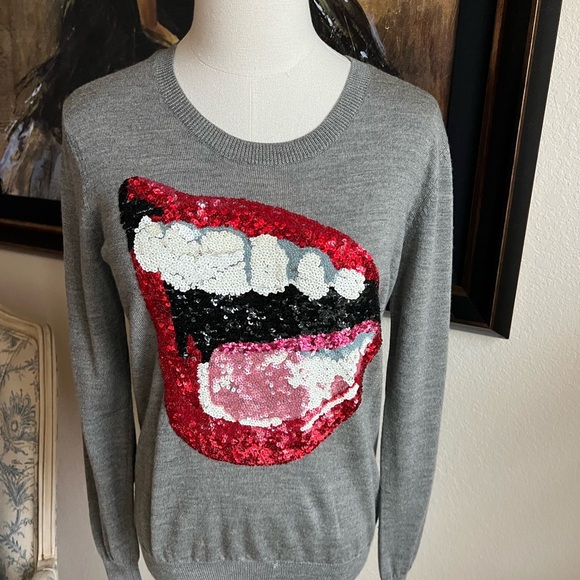 Markus Lupfer Merino Wool Sweater Size S Gray Red Sequin